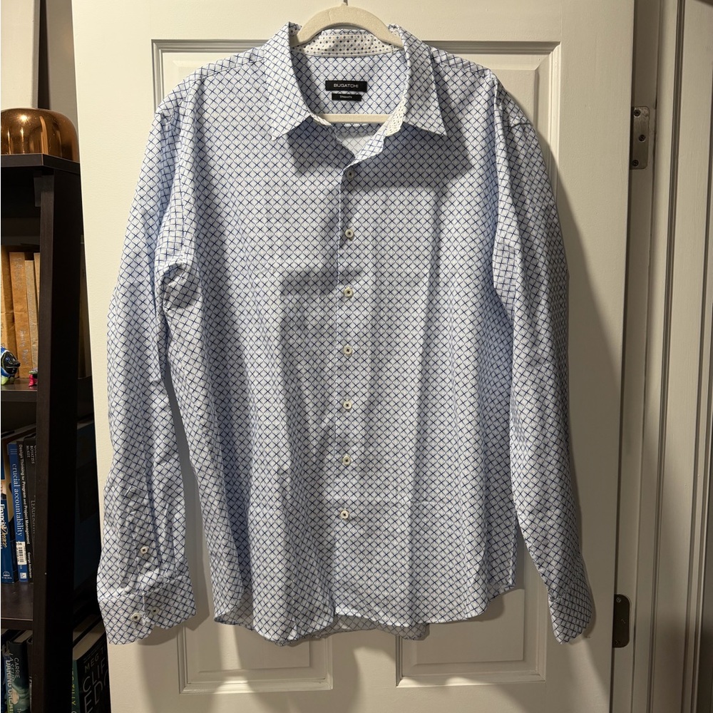 Bugatchi Men's White and Blue Geometric Shirt